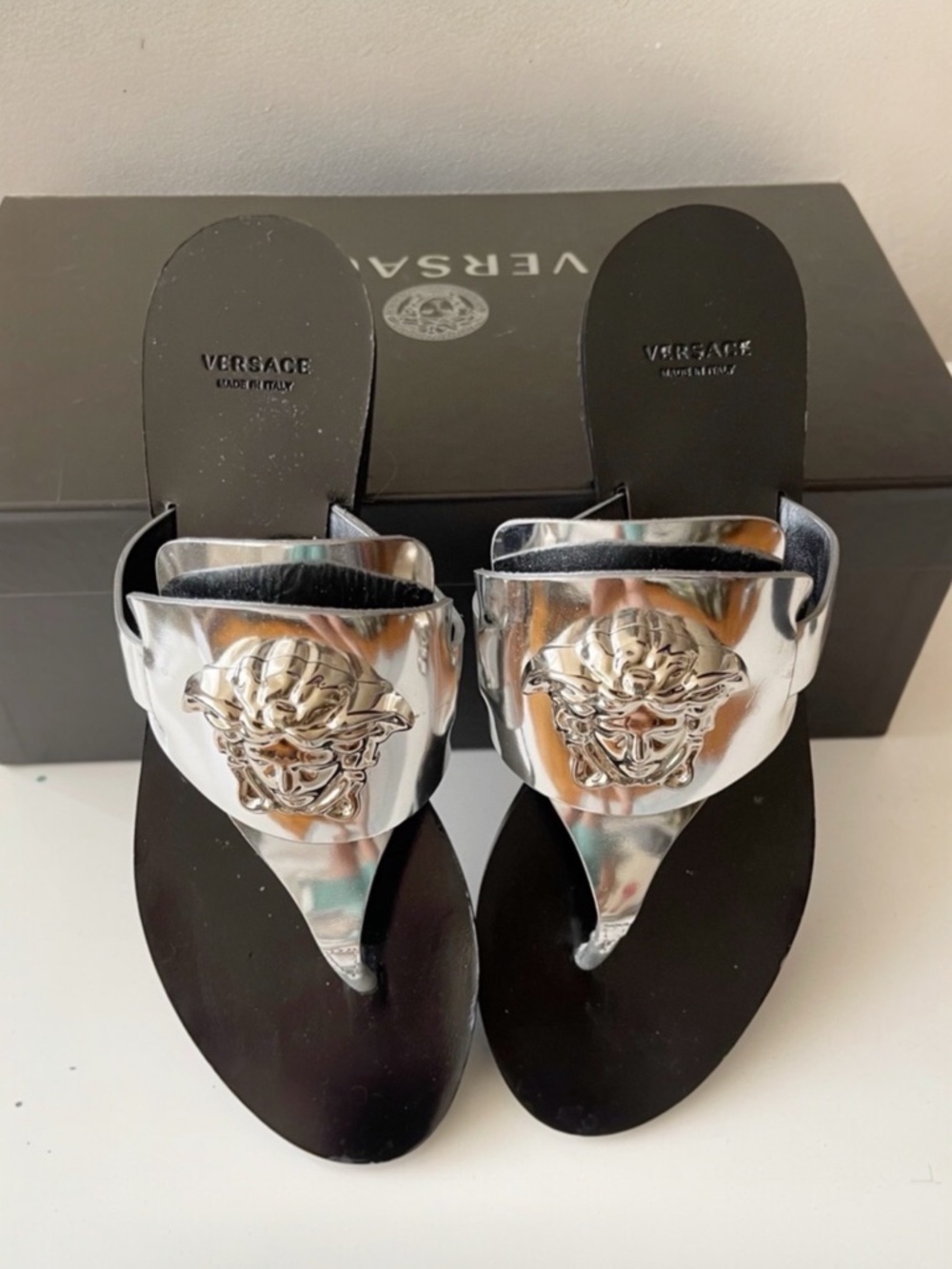 VERSACE Silver Palazzo Flat Thong Sandals silver Medusa head slip on size 6.5